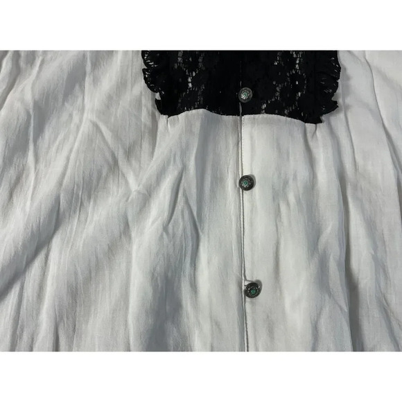 Tasha Polizzi Lace Trimmed V-Neck Loose Fit Sheer White Black Blouse - Picture 4 of 16